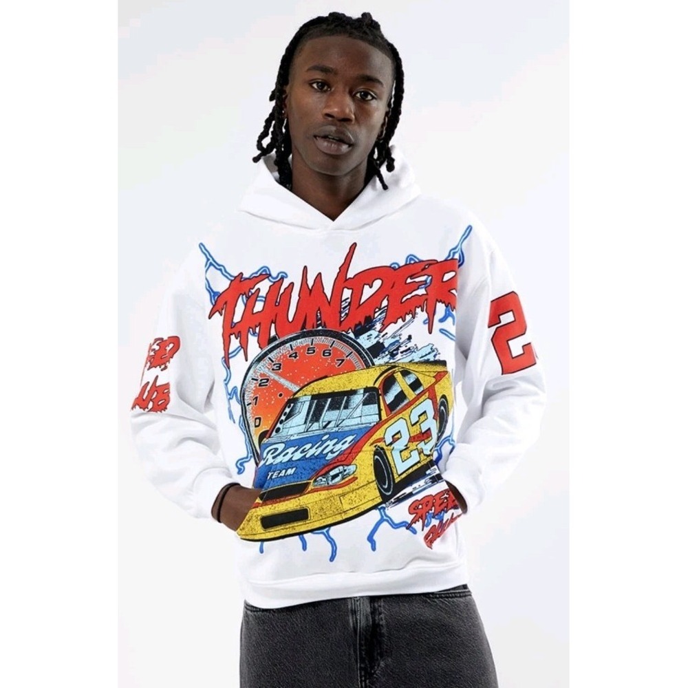 NWT Pacsun Thunder Speed Hoodie White Racing 23 Sz S Pullover Long Sleeve